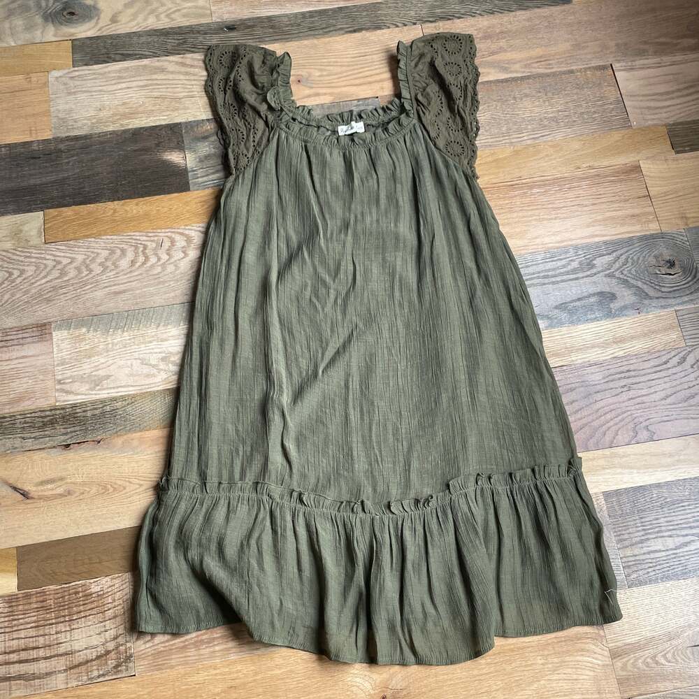 Indigo Rose Women's Olive Green Boho Eyelet Lace Ruffle Tunic Dress L
